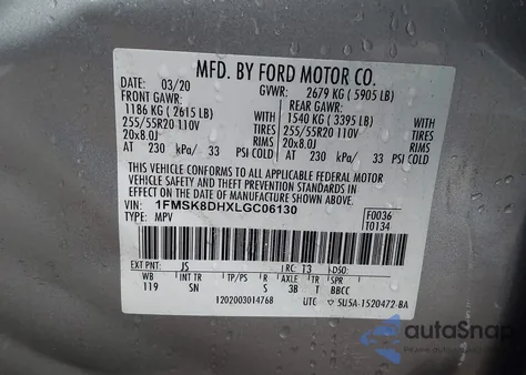 2020 Ford Explorer Xlt z USA, uszkodzony, nr VIN 1FMSK8DHXLGC06130